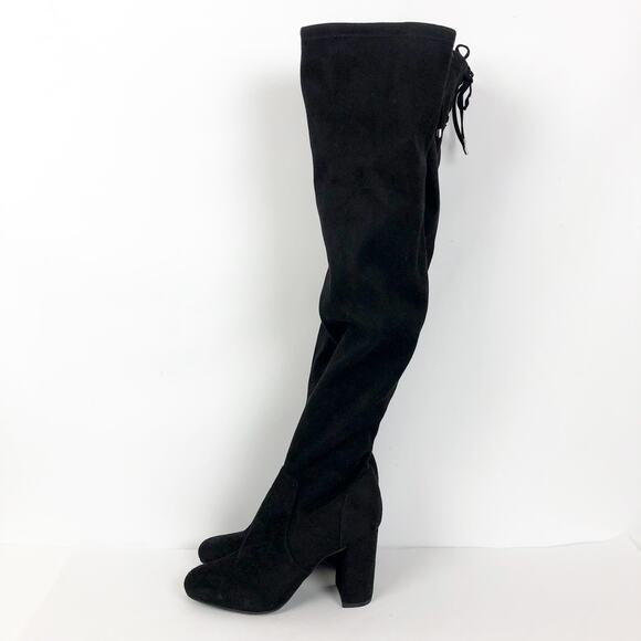 BP Womens Thigh High Boots 7.5 Black Faux Suede Pull On Lace Up Top NWOB - Picture 5 of 11